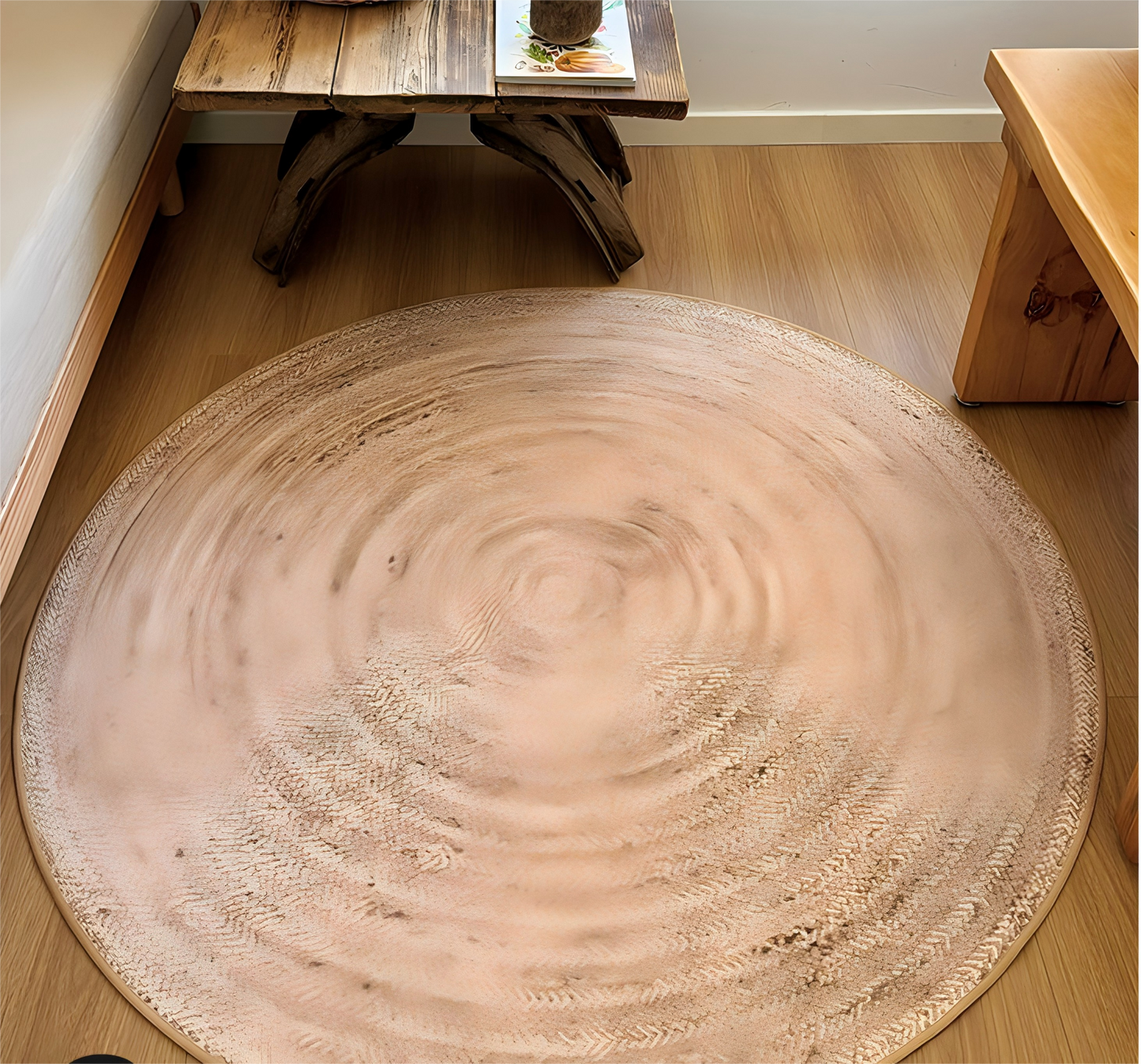 Natural Wood Style Round Washable Rug