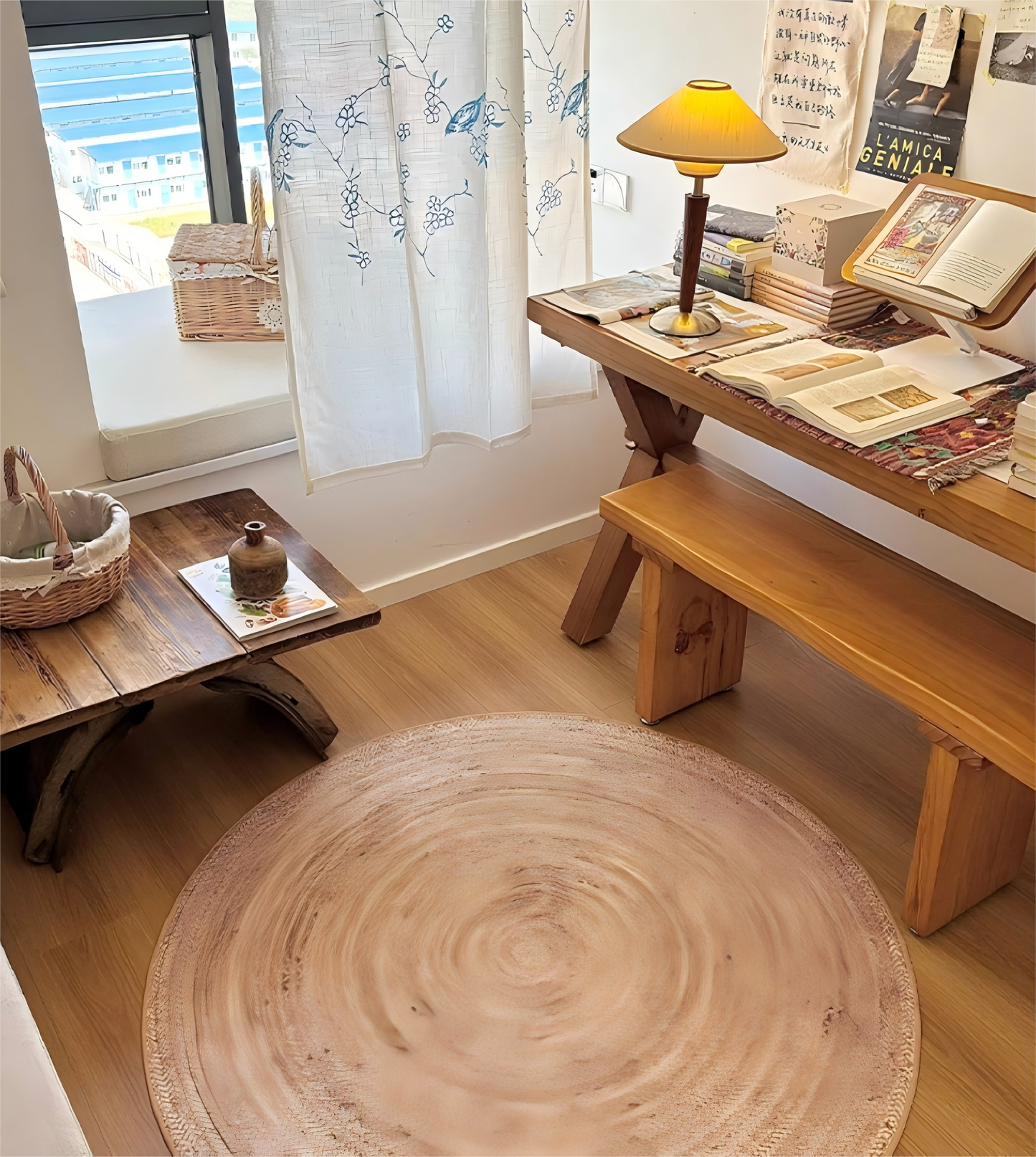 Natural Wood Style Round Washable Rug