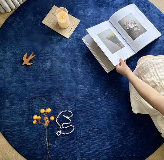 Medieval Style Blue Round Washable Bedroom Rug