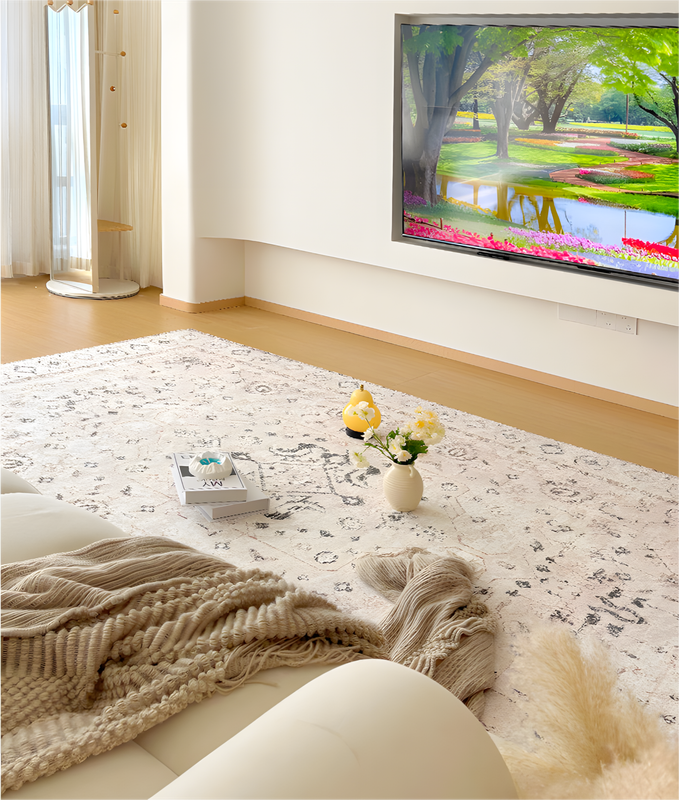 Cream Persian Style Living Room Rug,  Detachable, Machine Washable